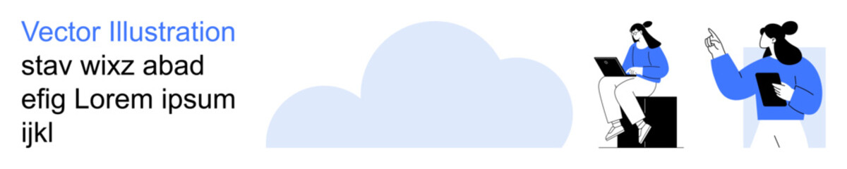 Teamwork, communication, cloud computing, project management, technology, collaboration. Two colleagues working with laptops and tablets near a cloud shape. Teamwork and communication concept