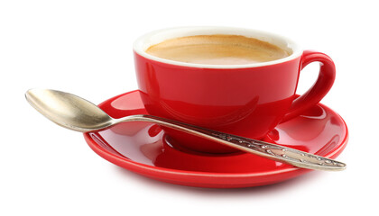 Aromatic coffee in cup and spoon isolated on white