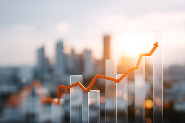A graph with a red line pointing upwards is shown with a city in the background
