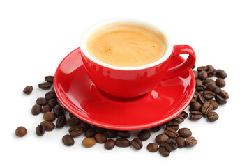 Fototapeta premium Aromatic coffee in cup and beans isolated on white