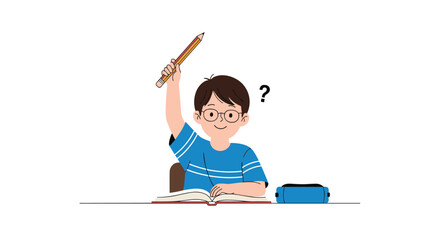 School child raising his hand with a pencil, asking a question.