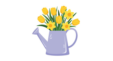 Watering can with yellow tulips and daffodils.
