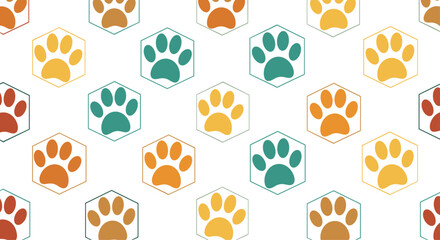 A pattern of colorful paw prints in hexagonal frames.