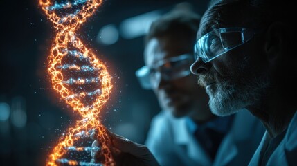 Physician and patient observe a holographic DNA model during analysis of genomic data for targeted gene therapies in a medical setting