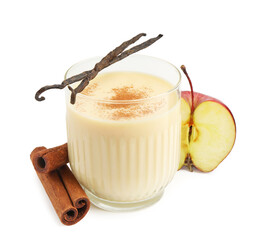Delicious protein shake in glass, apple, cinnamon and vanilla pods isolated on white