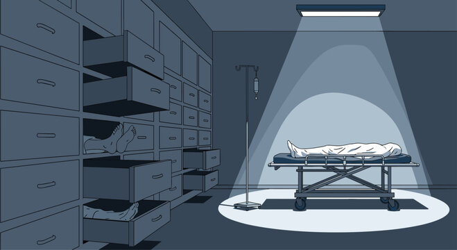 A morgue with bodies under a spotlight.