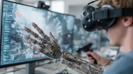 Student engineer uses virtual reality headset to control bionic limb with joysticks in modern computer science lab setting