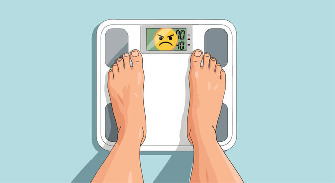 Illustration showing a person's feet on a digital weight scale indicating weight gain.