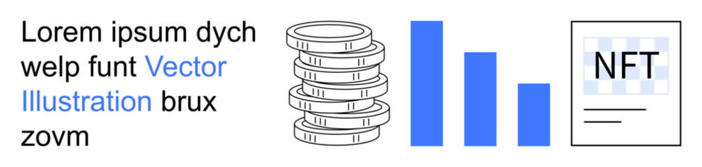 Cryptocurrency, digital assets, NFT trading, financial trends, blockchain technology, investment strategy. Stacks of coins, bar graphs and NFT . Cryptocurrency and NFT trading