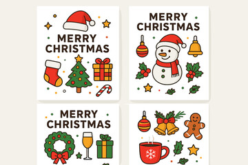 Fototapeta premium Christmas elements flat icon set. featuring stocking, tree, gift, snowman, holly, bell, wreath, and gingerbread