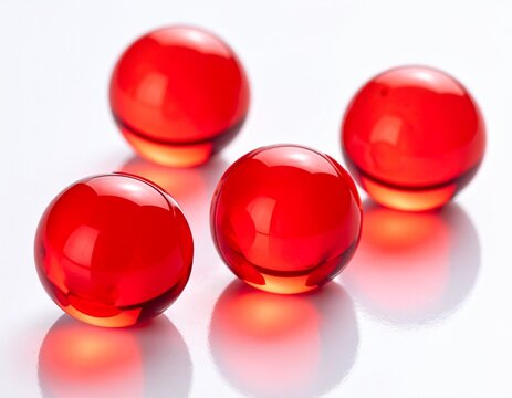 赤いセラム成分を表現したミニマル水滴分子構造
赤系美容液の成分イメージ 透明球体マクロ　3Dレンダリング　ジェネレーティブAI