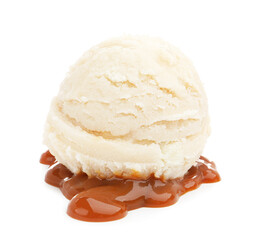 Tasty ice cream with caramel sauce isolated on white
