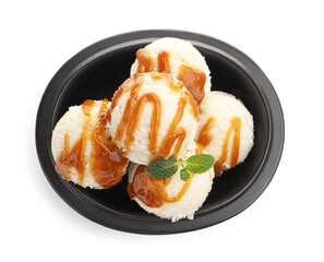Tasty ice cream with caramel sauce and mint in bowl isolated on white, top view