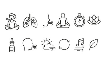 Wellness and meditation linear icon set. featuring mindfulness, lungs, inhalation, yoga, timer, and lotus symbols