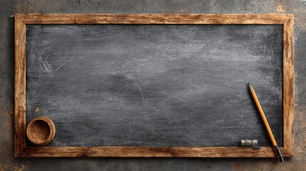 Chalk blackboard on a table with a piece of chalk and a small container, suggesting a workspace for teaching or creativity