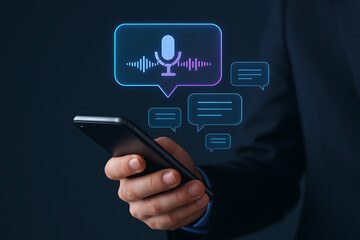 A hand holding a dark smartphone displaying a glowing, stylized microphone and sound wave graphic, indicating the use of voice assistant technology and real-time