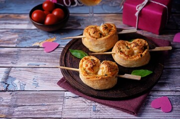 Basil cheese tomato puff pastry hearts for Valentine's day holidays