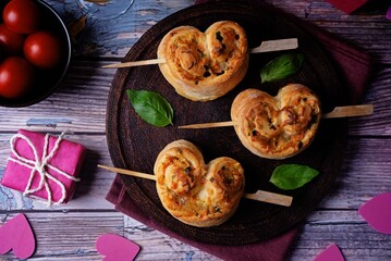 Basil cheese tomato puff pastry hearts for Valentine's day holidays