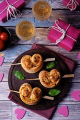 Basil cheese tomato puff pastry hearts for Valentine's day holidays