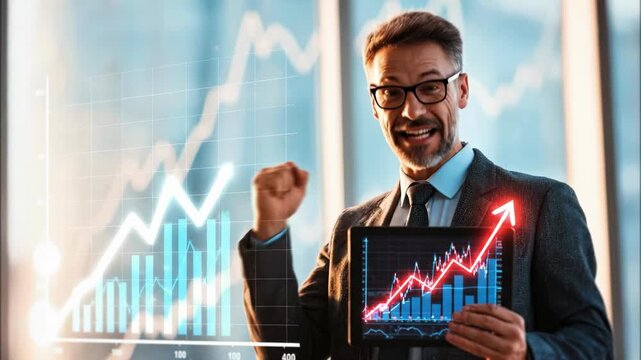 Excited Corporate Man Showing Financial Growth Graph