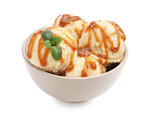 Tasty ice cream with caramel sauce and mint in bowl isolated on white
