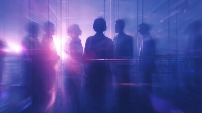 Group Of People Standing In A Glass Corridor Bathed In Violet And Blue Light, Silhouettes In Deep Conversation, Abstract Futuristic Team Discussion In Reflective Office Environment