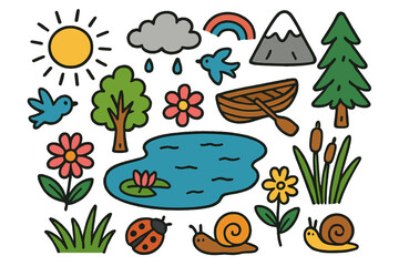 Nature and outdoors flat icon set. featuring sun, cloud, rainbow, mountain, bird, tree, and flower symbols