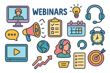 Webinar linear icon set. featuring screen, lightbulb, headset, calendar, checklist, and target symbols