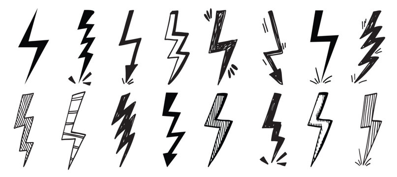 Set of Hand Drawn Lightning Bolt Sketch Elements, Black Doodle Thunder Flash Vector Illustration, Electric Zigzag Sketch