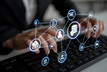 Data privacy and cyber security icons show encryption, data privacy safeguards, and cyber security defense. Data privacy ensures cyber security protection and access control. Entice