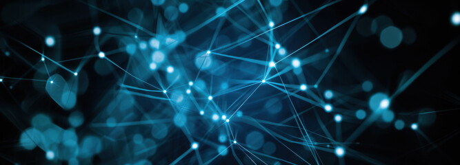 Abstract digital network: An intricate network of interconnected nodes and lines glows with a captivating blue luminescence, representing connectivity and the digital realm. 