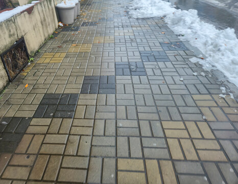 A wet sidewalk lined with snow shows textured paving stones in various colors. The scene captures the aftereffects of winter weather, with leaves scattered about.