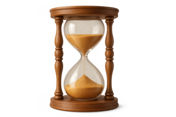 Hourglass with sand flowing, symbolizing passing time, deadline, countdown, and chronology on transparent background