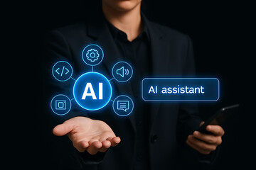 Ai assistant concept with glowing central artificial intelligence symbol surrounded by various service and application function icons