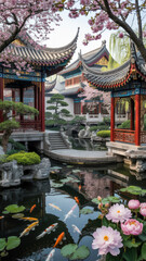 Obraz premium Serene traditional chinese garden with koi pond and blooming pink cherry blossoms in spring