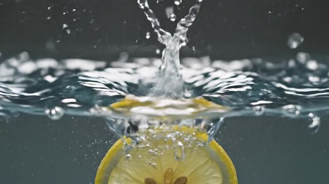 Refreshing Lemon Slice Splashing into Clear Water Creates Dynamic Ripples and Bubbles