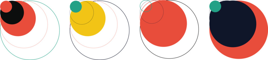 Abstract geometric progression featuring four stages of overlapping circles and vibrant color shifts in modern minimalist design