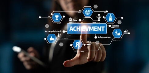 A business professional interacts with a digital interface focused on achievement, showcasing icons of success and progress in a modern office environment. Tessel