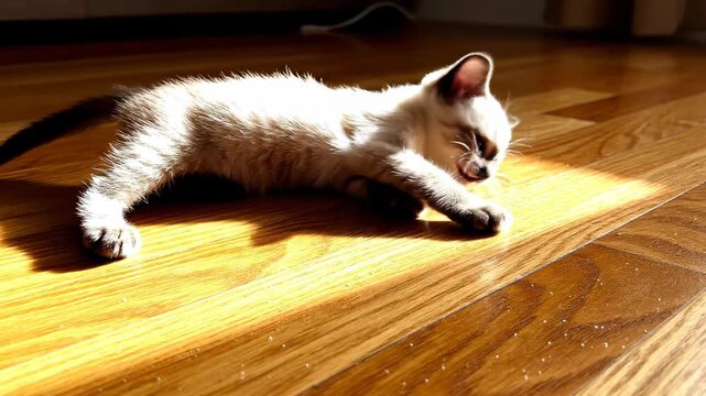 A curious, playful kitten batting at a sunbeam dancing on a wooden floor, capturing a moment of pure feline joy.