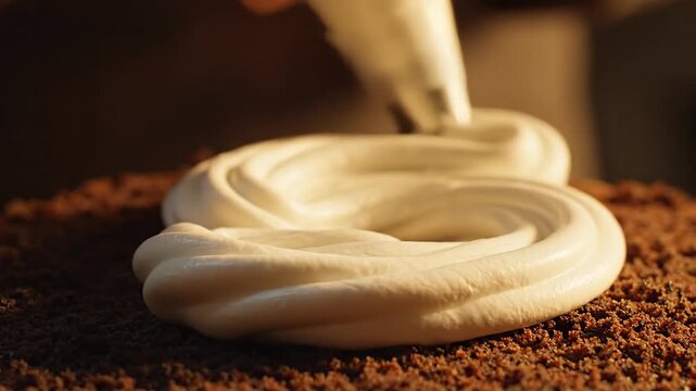 Close-up shot of whipped cream being piped onto a chocolate cake, creating a swirl pattern
