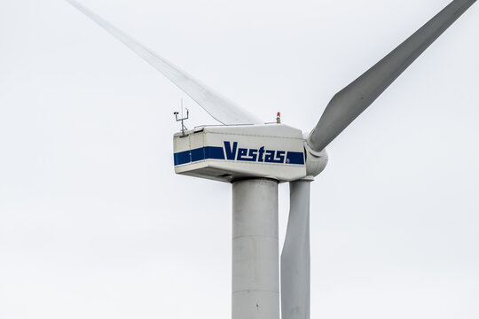 Gothenburg, Sweden - March 24 2024: Close up of a Vestas wind power turbine.