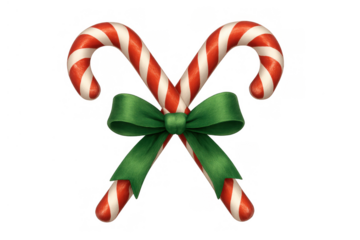 Crossing candy canes showing traditional red and white stripes with a green bow for holiday celebration decor