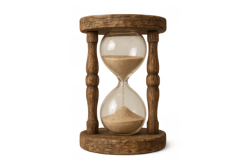 Hourglass counting down time, sand flowing through antique wooden timer on transparent background