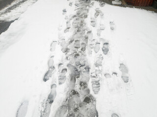 Footprints in the snow form a trail along a snowy path, creating a stark contrast with the white landscape. This scene depicts winters cold beauty and the passage of time.
