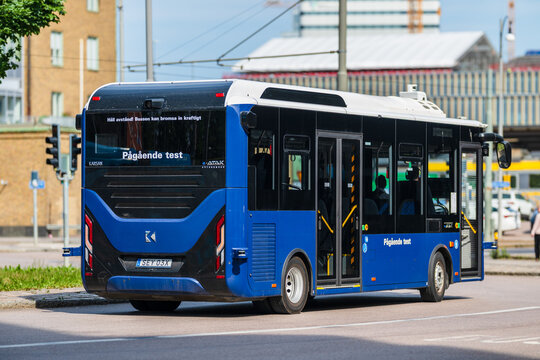 Gothenburg, Sweden - June 18 2025: Rear view of test autonomous city bus.