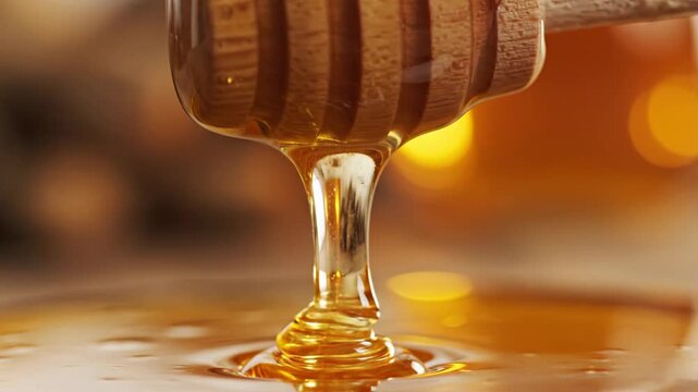 Golden liquid honey dripping from a wooden dipper in a close-up shot with a blurred background