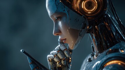 Woman interacts with AI assistant chatbot using smartphone for data analysis and business insights in modern office setting