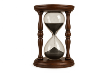 Hourglass counting time with black sand flowing, symbolizing deadlines, urgency, and the passage of moments