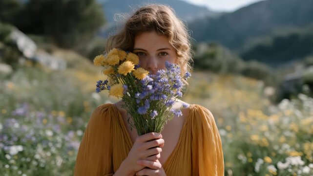 Woman in flowing dress hiding her face behind an oversized wildflower bouquet in a sunlit meadow, soft sunlight highlighting petals and fabric movement &mdash; concept of bohemian wedding inspiration,