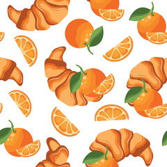 seamless pattern with a set of bakery and fruit icons, namely a croissant with an orange next to it, for menus and various food designs